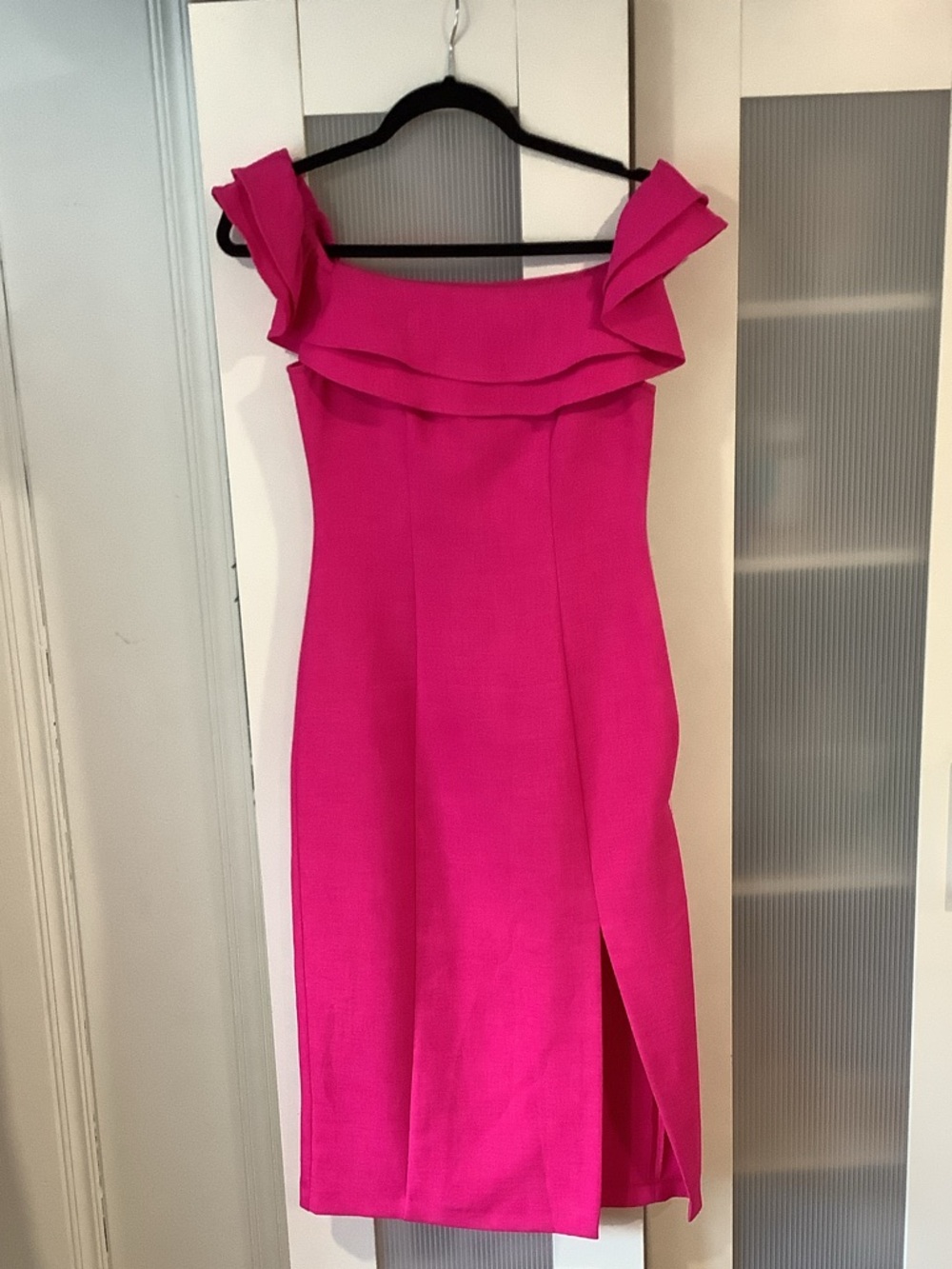 Topshop Hot Pink Off-Shoulder Midi Dress with Ruffle Detail